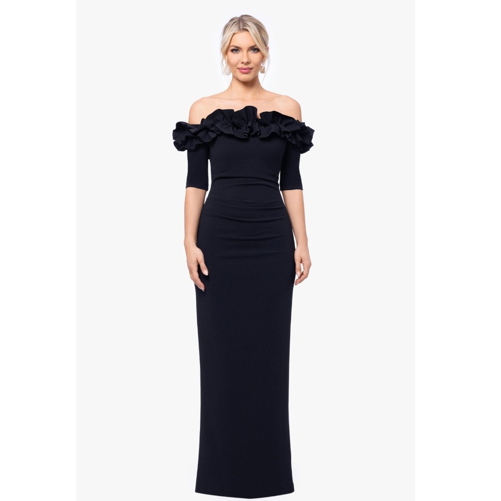 XSCAPE: EVENINGS "ISLA" LONG CREPE OFF THE SHOULDER RUFFLE DRESS
